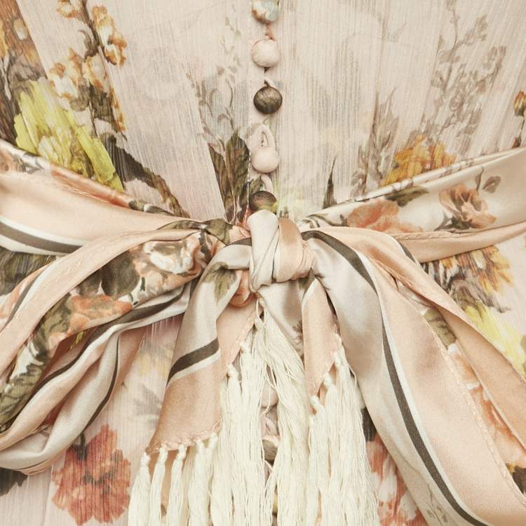 Pre Owned Zimmermann Peach/Pink Floral Print Silk Belted Mini Dress S