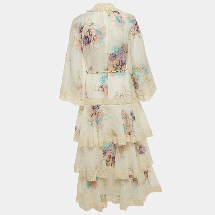 Pre Owned Zimmermann Off-White Floral Print Ramie Tiered Midi Dress L