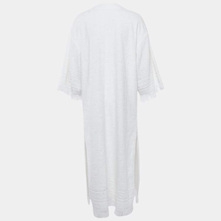 Pre Owned Zimmermann White Palm Tree Terry Cotton Fringed Kaftan Dress M