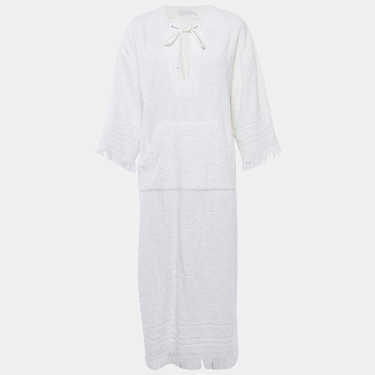Pre Owned Zimmermann White Palm Tree Terry Cotton Fringed Kaftan Dress M
