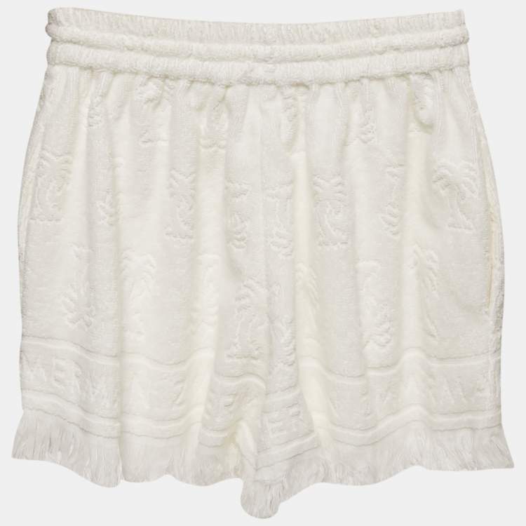 Pre Owned Zimmermann White White Palm Tree Terry Cotton Fringed Shorts M