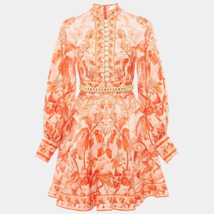 Pre Owned Zimmermann Orange Printed Linen Belted Mini Dress S