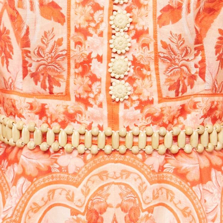Pre Owned Zimmermann Orange Printed Linen Belted Mini Dress S