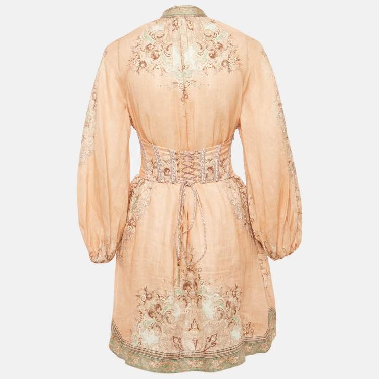 Pre Owned Zimmermann Light Orange Printed Button Front Belted Mini Dress S