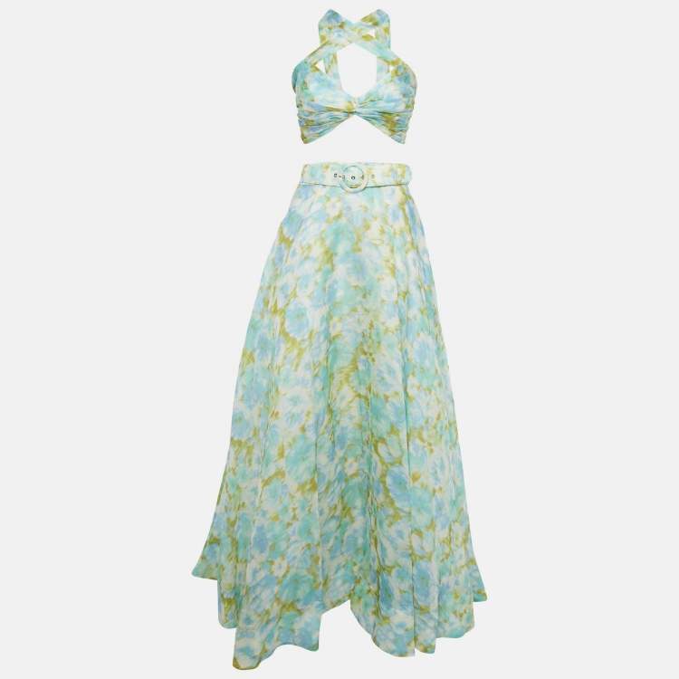 Pre Owned Zimmerman Green Ikat Print Silk Blend High Tied Top & Skirt Set M