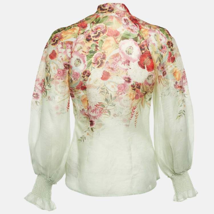 Pre Owned Zimmermann Green Floral Linen & Silk Wonderland Blouse S