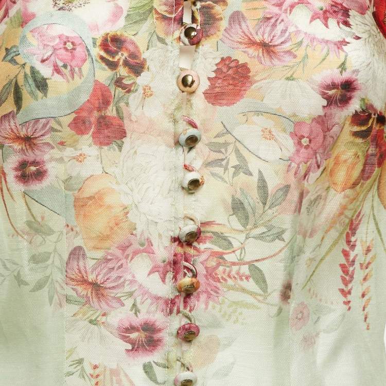 Pre Owned Zimmermann Green Floral Linen & Silk Wonderland Blouse S