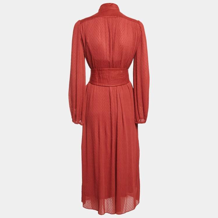 Pre Owned Zimmermann Brown Swiss Dots Plisse Espionage Midi Dress M