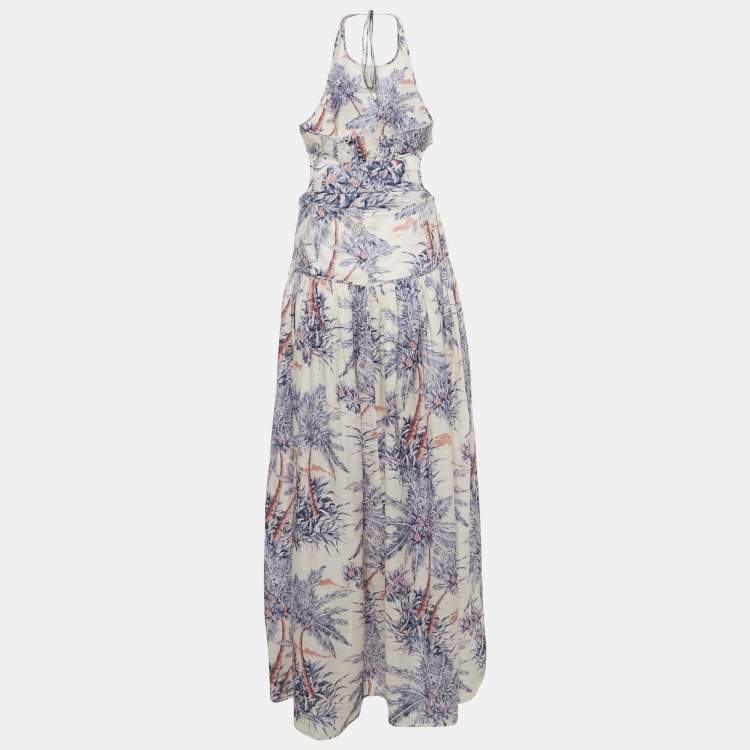 Pre Owned Zimmermann Pink Palm Tree Print Linen Halter Neck Maxi Dress M