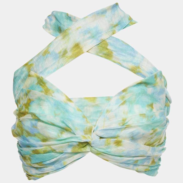 Pre Owned Zimmermann Green Abstract Print Linen Blend High-Tide Crop Top M