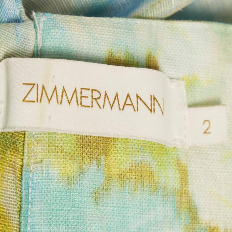 Pre Owned Zimmermann Green Abstract Print Linen Blend High-Tide Crop Top M