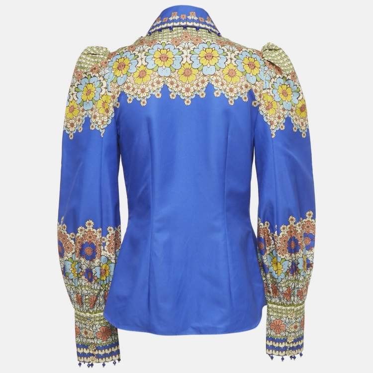 Pre Owned Zimmermann Blue Floral Print Cotton Embellished Shirt M
