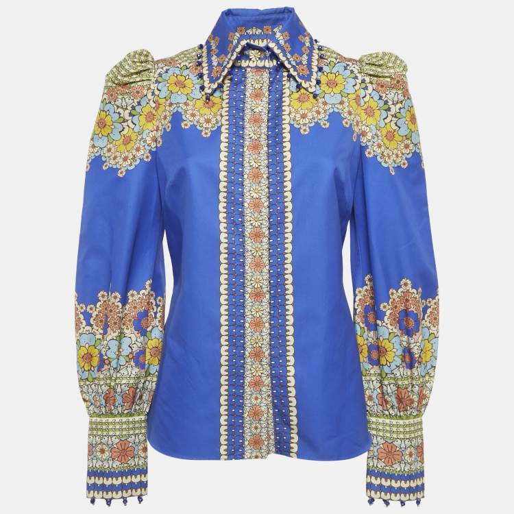 Pre Owned Zimmermann Blue Floral Print Cotton Embellished Shirt M