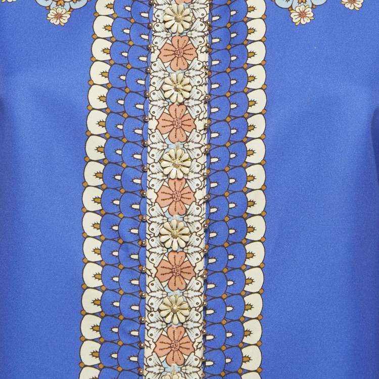 Pre Owned Zimmermann Blue Floral Print Cotton Embellished Shirt M