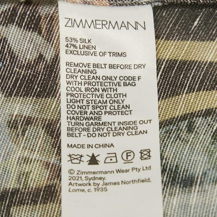 Pre Owned Zimmermann Blue Printed Silk and Linen Button Front Belted Mini Dress S
