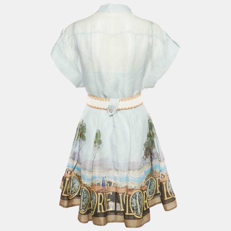Pre Owned Zimmermann Blue Printed Silk and Linen Button Front Belted Mini Dress S