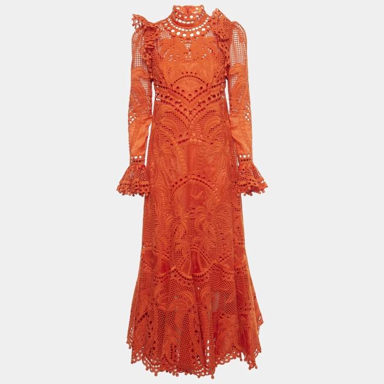 Pre Owned Zimmermann Orange Broderie Anglaise Silk Brightside Palm Gown M