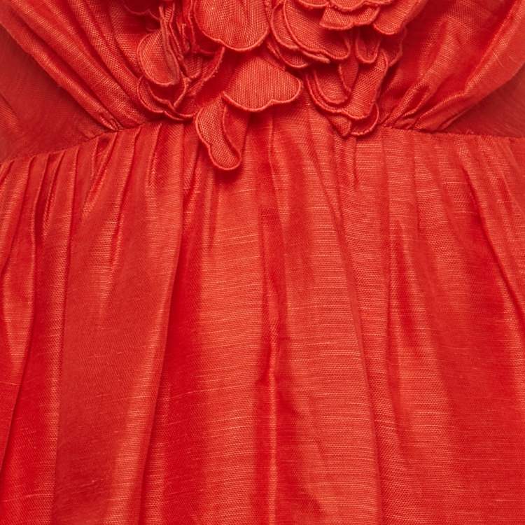 Pre Owned Zimmermann Red Linen and Silk Plunge Neck Lovestruck Garland Mini Dress M