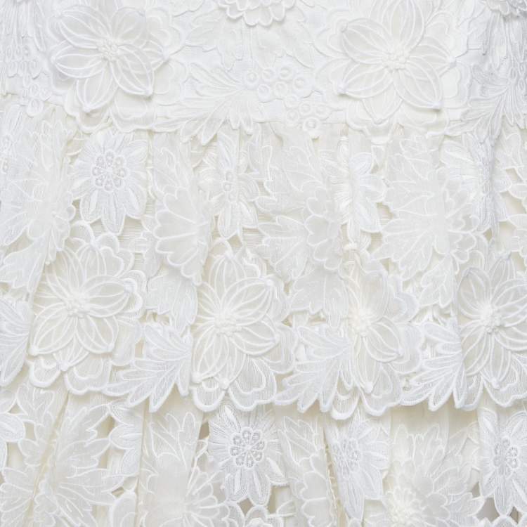 Pre Owned Zimmermann White Floral Applique Linen Tiered Mini Skirt S