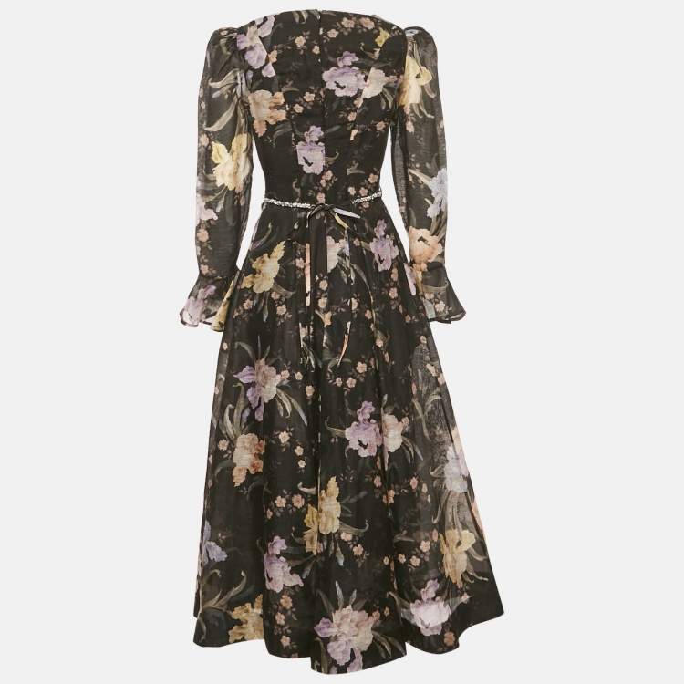 Pre Owned Zimmermann Black Floral Print Silk Blend Eden Midi Dress M