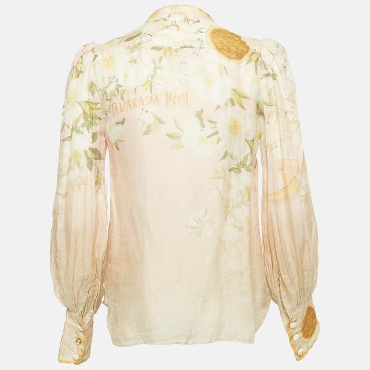 Pre Owned Zimmermann Cream Printed Linen & Silk Top S