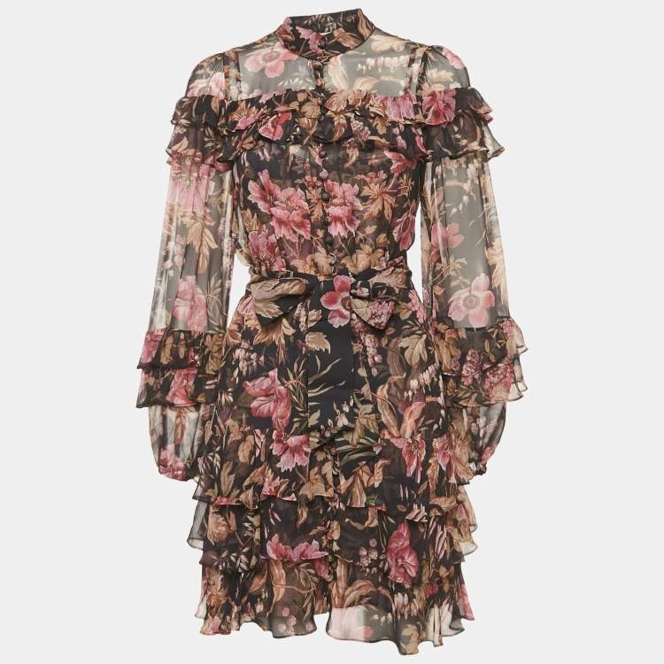 مملوكة مسبقًا Zimmermann Blue Floral Print Silk Lucky Tiered Frill Mini Dress M