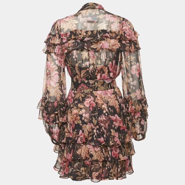 مملوكة مسبقًا Zimmermann Blue Floral Print Silk Lucky Tiered Frill Mini Dress M