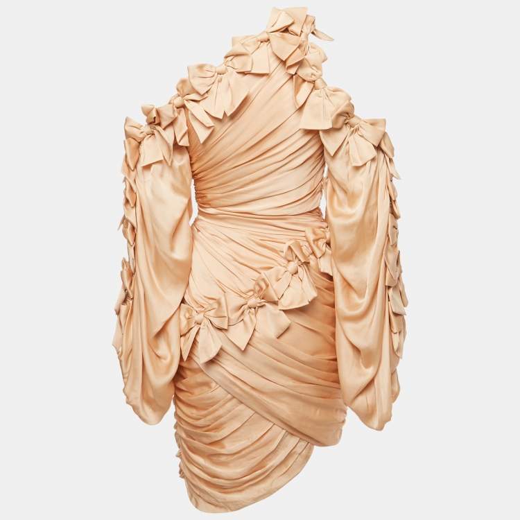 Pre Owned Zimmermann Beige Silk Bow Detail Ruche Short Dress S