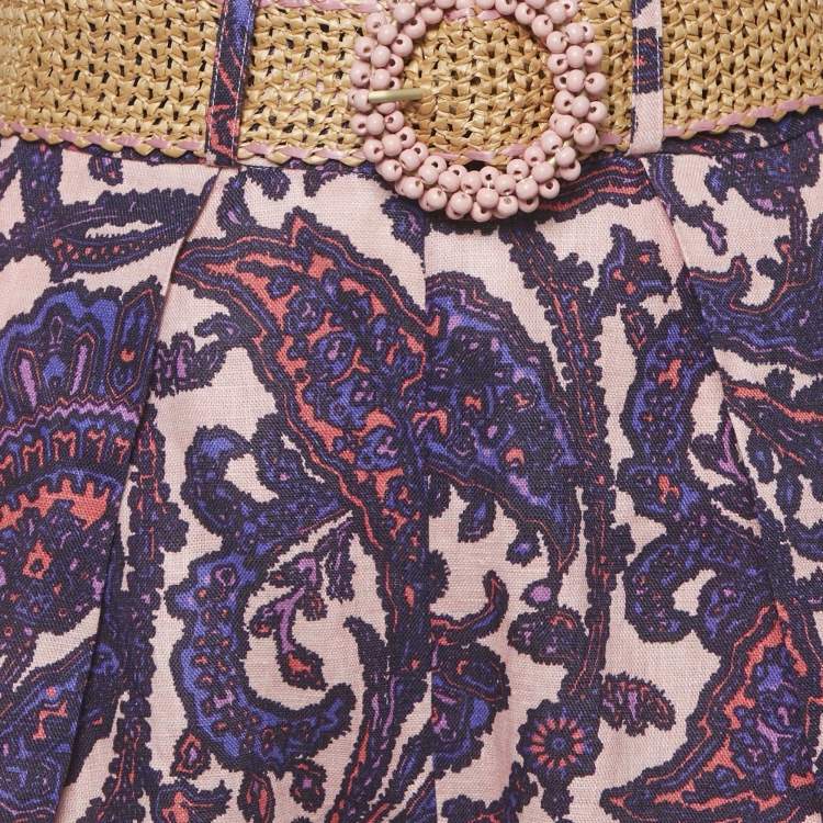 Pre Owned Zimmermann Pink  Paisley Print Linen Bead Embellished Shorts M