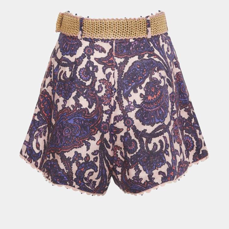 Pre Owned Zimmermann Pink  Paisley Print Linen Bead Embellished Shorts M
