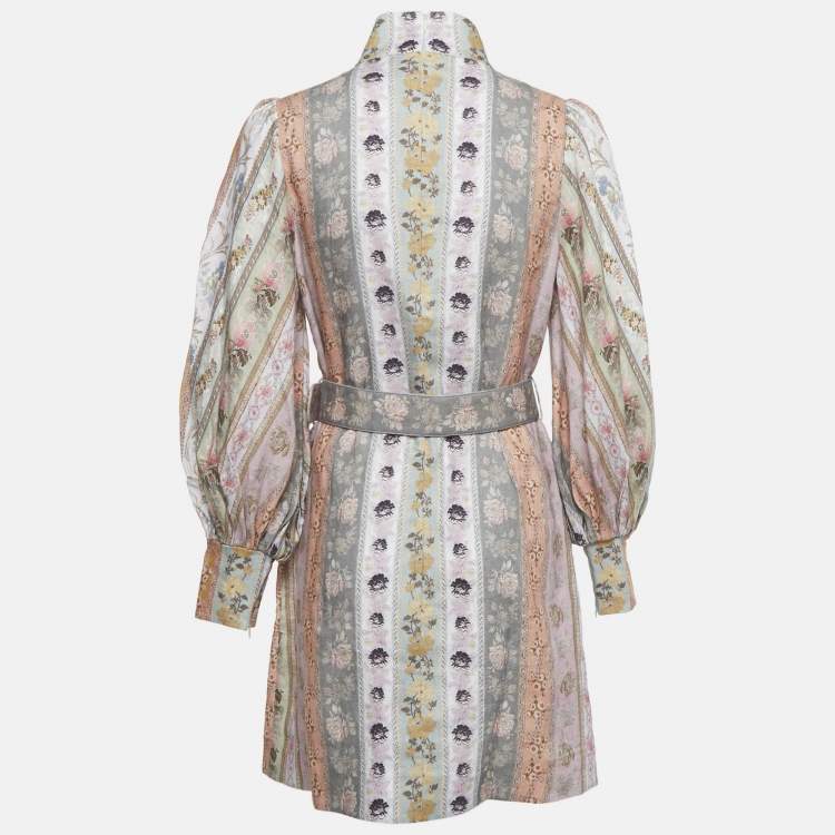 مملوكة مسبقًا Zimmermann Multicolor Linen Floral Print High Neck Mini Dress M