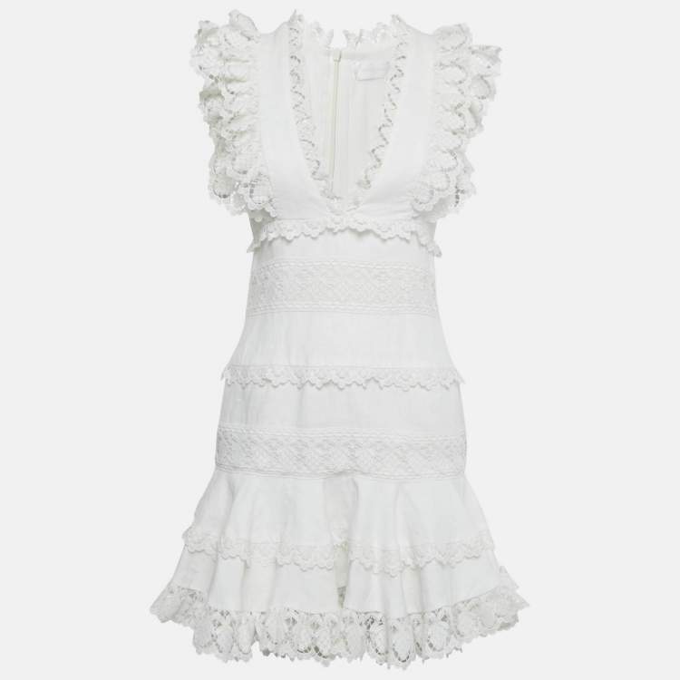 Pre Owned Zimmermann White Linen Lace Trim Detail Ruffled Mini Dress M