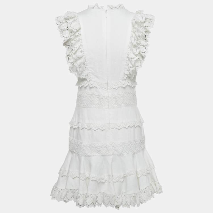 Pre Owned Zimmermann White Linen Lace Trim Detail Ruffled Mini Dress M