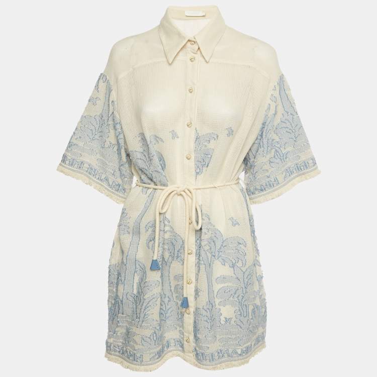 Pre Owned Zimmermann Ivory/Blue Cotton Ottie Palm Shirt Dress M