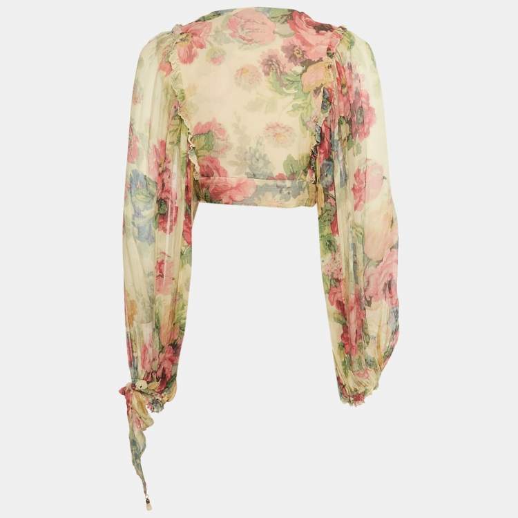 مملوكة مسبقًا Zimmermann Multicolor Printed Silk Ruffled Wrap On Crop Top M