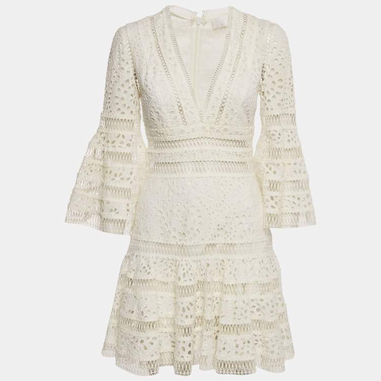 Pre Owned Zimmermann White Lace V-Neck Flared Mini Dress S