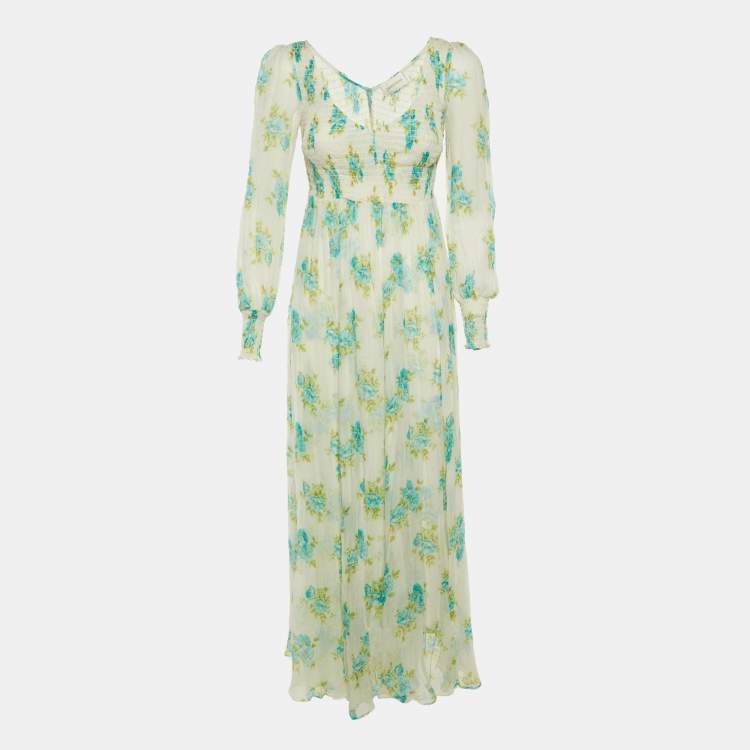 Pre Owned Zimmermann White Floral Printed Smocked Maxi Dress S