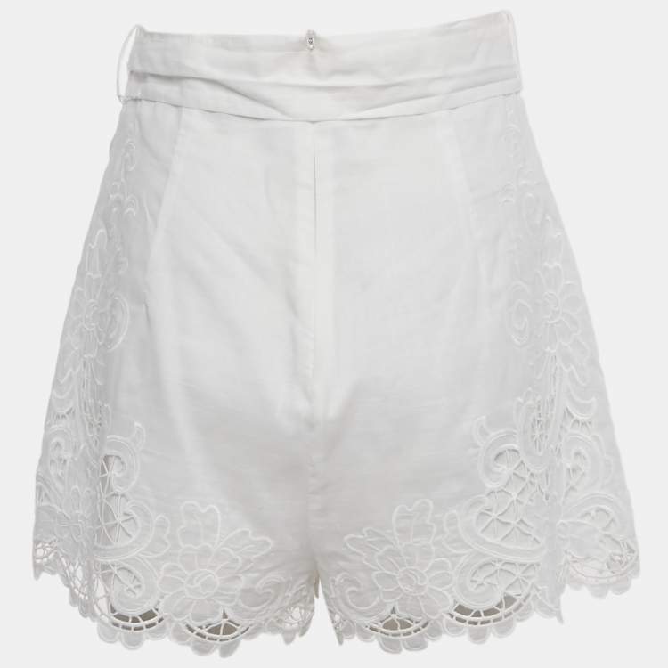 Pre Owned Zimmermann White Cotton Broderie Anglaise Belted Shorts M