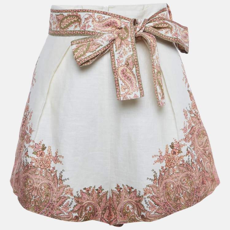 Pre Owned Zimmermann Beige Paisley Print Linen Brighton Tuck Shorts M 