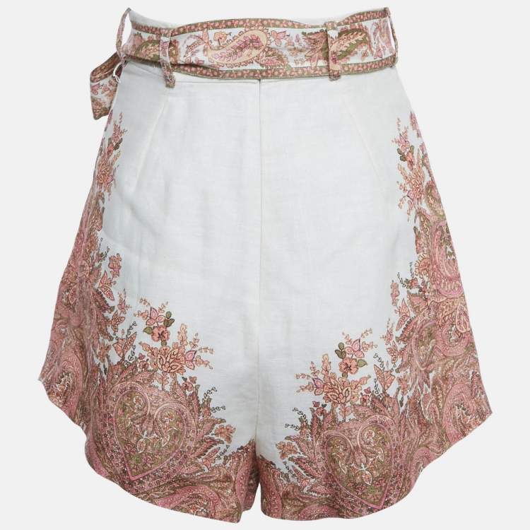 Pre Owned Zimmermann Beige Paisley Print Linen Brighton Tuck Shorts M 