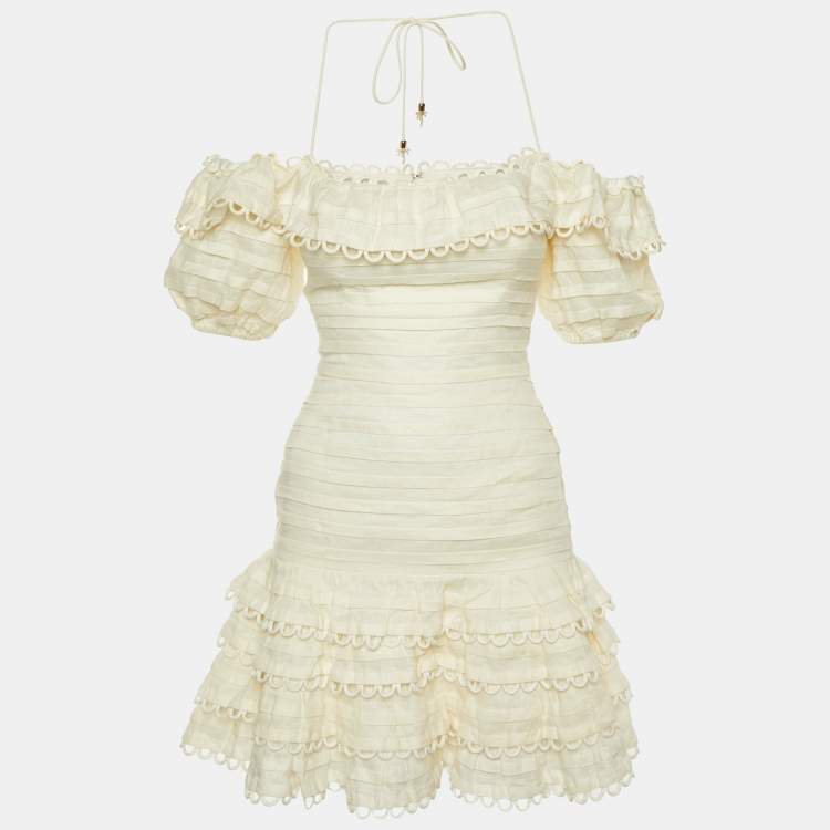 Pre Owned Zimmermann White Linen Off Shoulder Mini Dress S