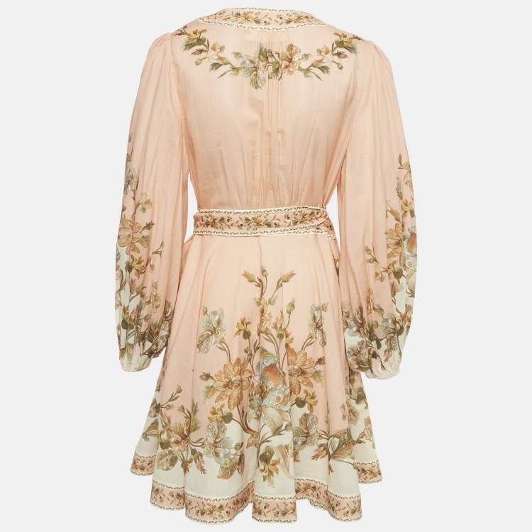 Pre Owned Zimmermann Pink Floral Print Cotton Mini Wrap Dress L