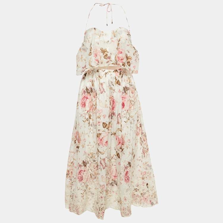 Pre Owned Zimmermann White Floral Print Cotton Cut Out Midi Dress M