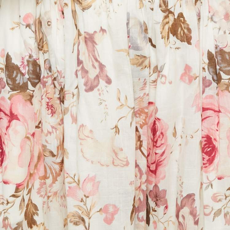 Pre Owned Zimmermann White Floral Print Cotton Cut Out Midi Dress M