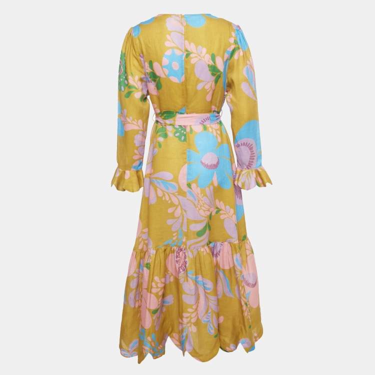 Pre Owned Zimmermann Yellow Printed Linen Teddy Gathered Midi Dress L 