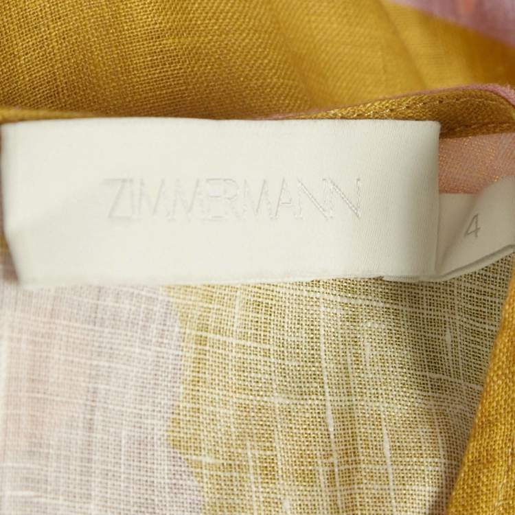 Pre Owned Zimmermann Yellow Printed Linen Teddy Gathered Midi Dress L 