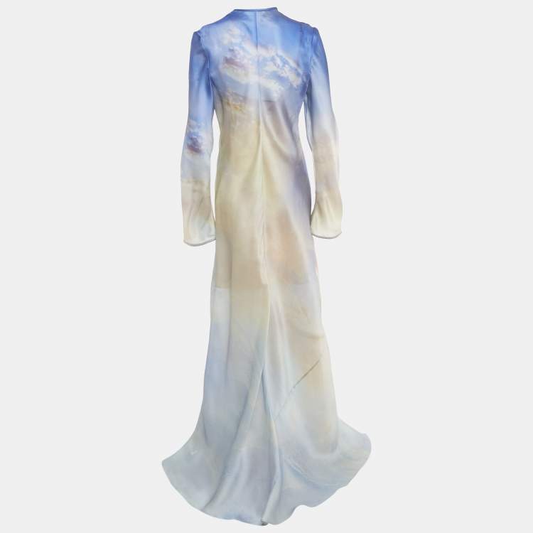 Pre Owned Zimmermann Blue Watercolor Print Silk Tama Bias Slip Maxi Dress L
