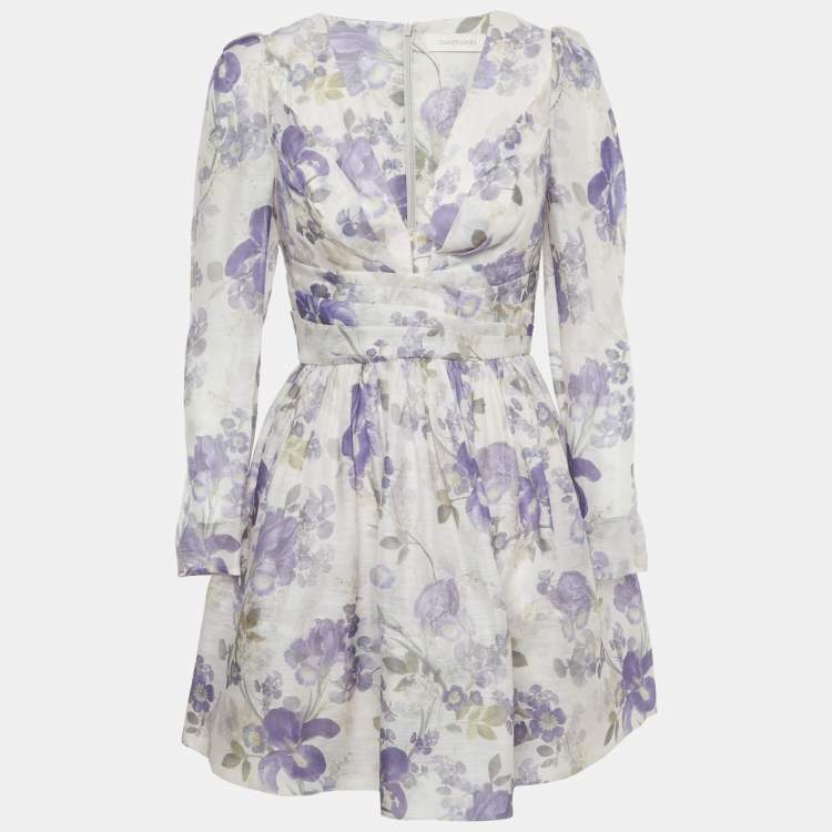 Pre Owned Zimmermann Purple Floral Print Linen and Silk Draped Mini Dress M