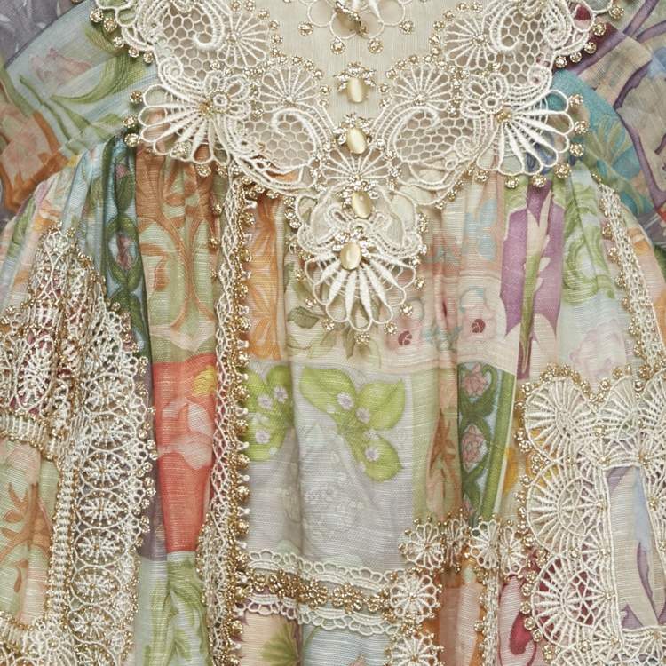 Pre Owned Zimmermann Multicolor Printed Linen and Silk Lace Trim Detail Short Dress L
