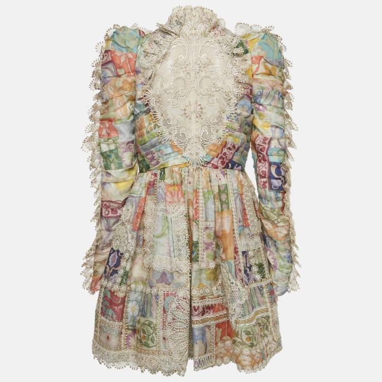 Pre Owned Zimmermann Multicolor Printed Linen and Silk Lace Trim Detail Short Dress L